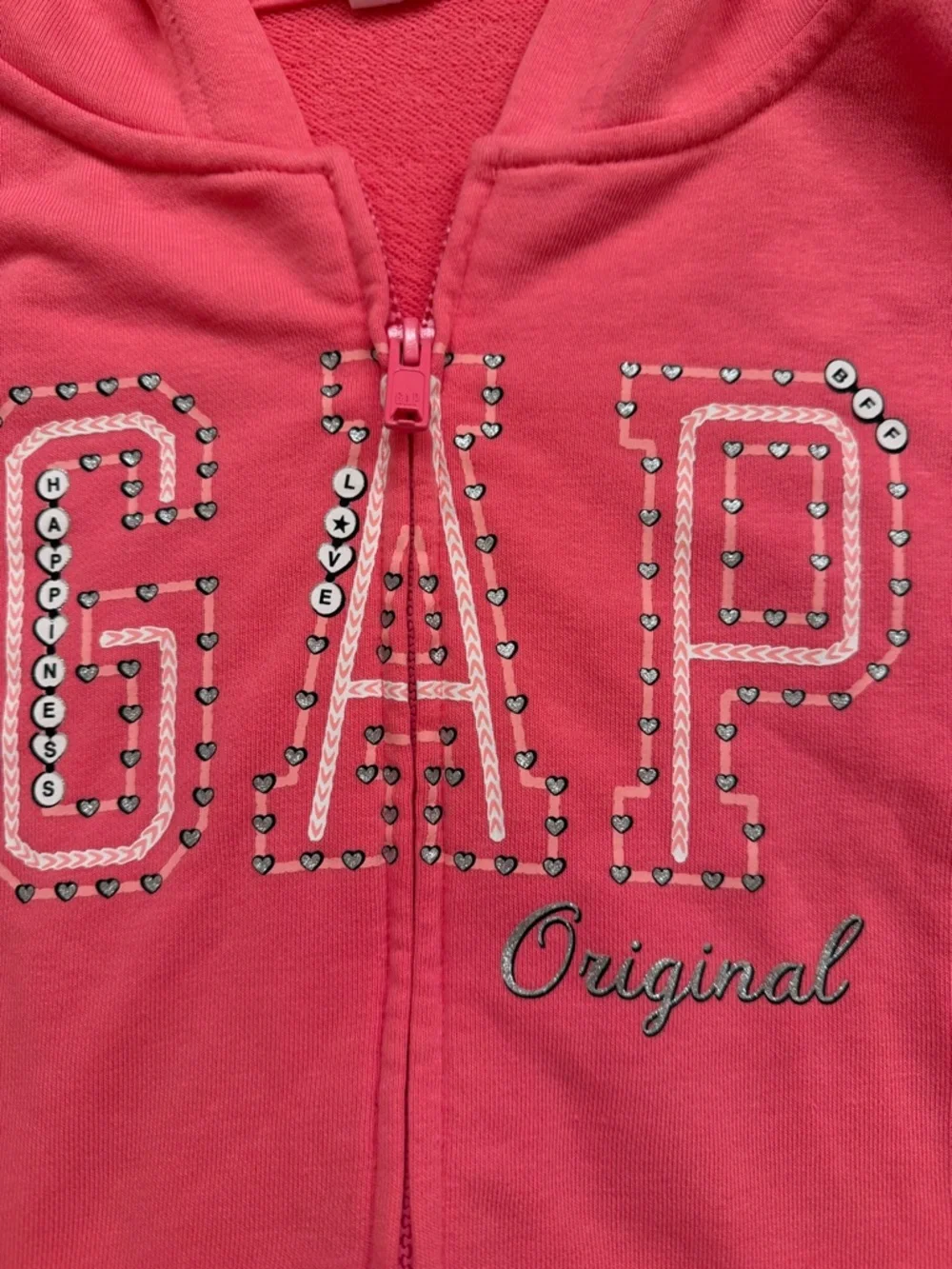 GAP Girls Coral Pink Rhinestone Logo Zip Hoodie size youth large